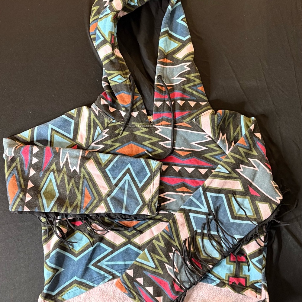 Tribal Print Hoodie with Fringe